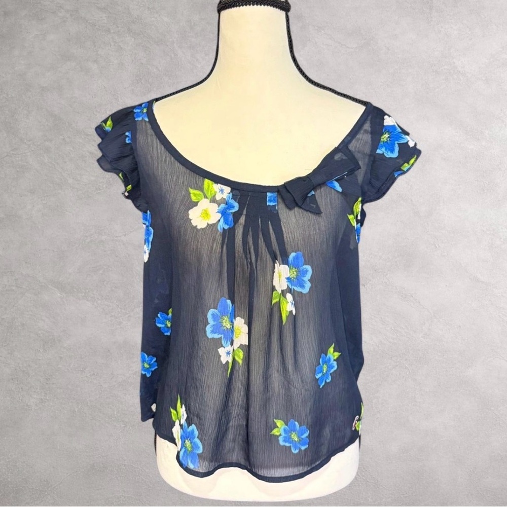 Navy Hollister Floral‎ Sheer Ruffle Sleeve Top